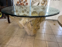 6 Foot wide Tree root table white washed with thick glass top